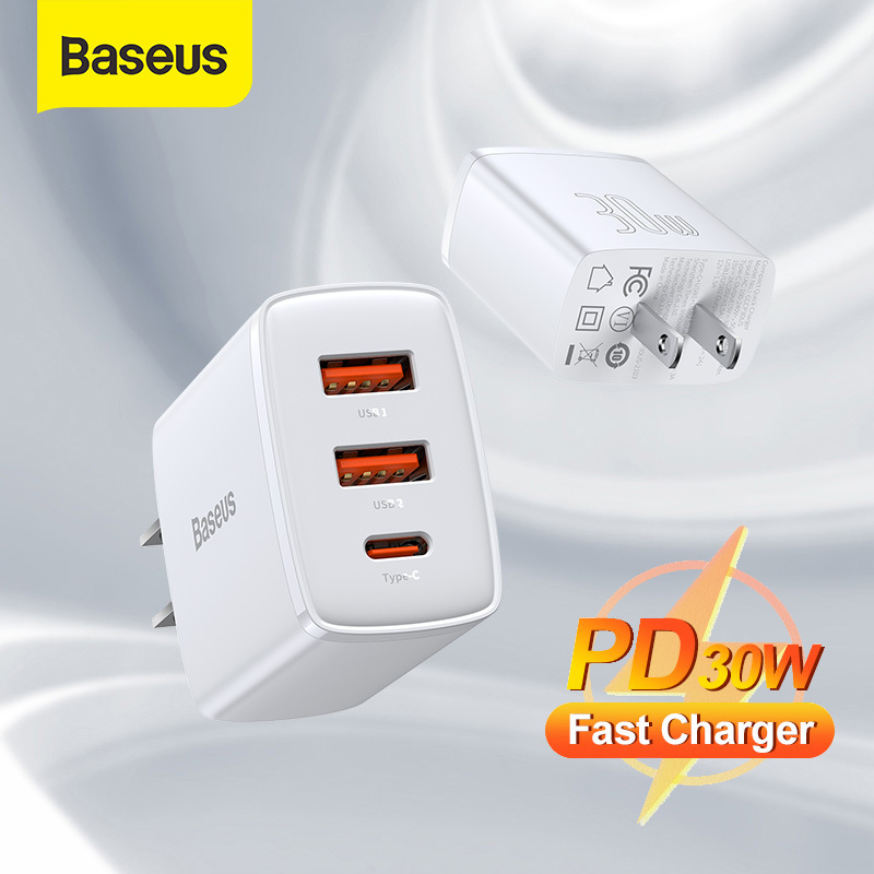 Baseus 30W Dual USB Type C Charger QC3.0 PD Quick Charge For iPhone 13 12 Pro Max Samsung Xiaomi Mi USBC Fast Charging Phone Charger