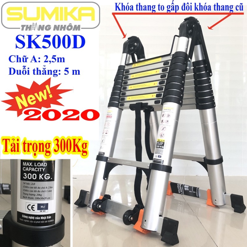 Thang nhôm rút đôi SUMIKA SK 500D New 2020 Chữ A 2m5 – duỗi thẳng 5m ( màu bạc ).  An toàn – Tiện lợi – Tiết kiệm ,2x8 bậc, tải trọng 300kg,nút cao su chống trượt,khóa chống lắc,bảo hành 2 năm.