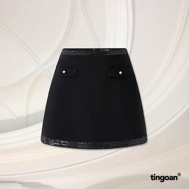 Tingoan® - chân váy cạp cao đen viền lấp lánh đính cúc mon cheri skirt/bl