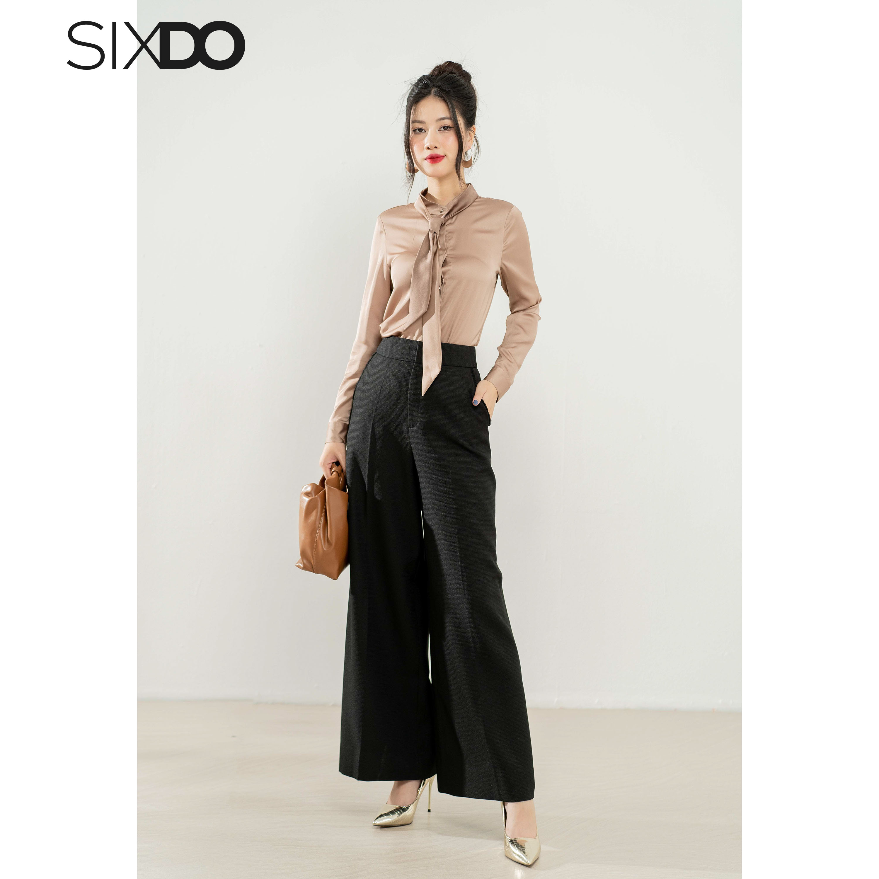 Áo sơ mi nữ cổ nơ SIXDO (Light Brown Long Sleeves Silk Shirt)