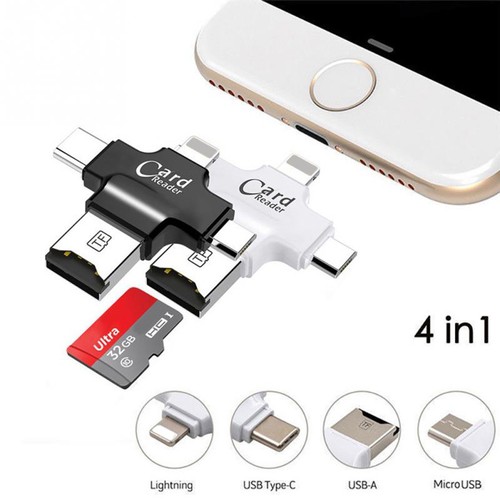 Đầu Đọc Thẻ Đa Năng 4 Trong 1 Dành Cho iPhone/Android Micro SD USB (OTG) TF/Lightning/Type-C