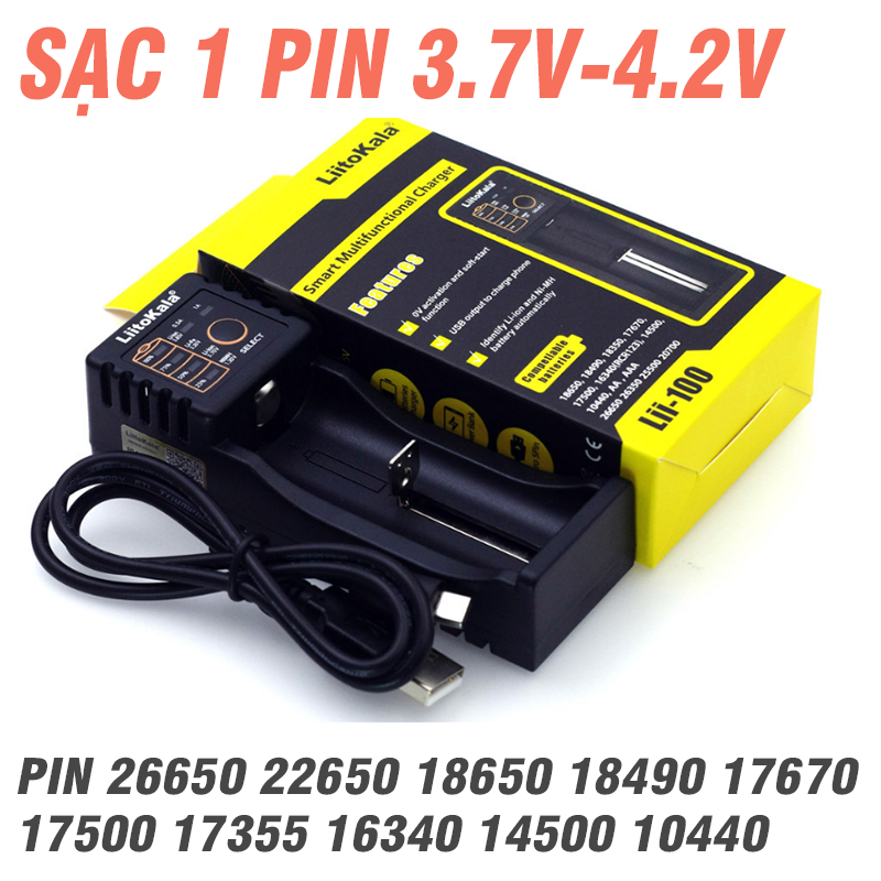 Sạc pin 26650 22650 18650 18490 17670 17500 17355 16340 14500 10440 Liitokala lii-100 dùng sạc cho 1 pin 3.7v - 4.2v
