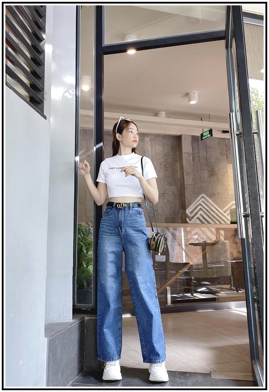 Quần jean nữ SUÔN DÀI XANH LOANG ống rộng dáng hách chân cực đỉnh vải jean đứng s5.2I99