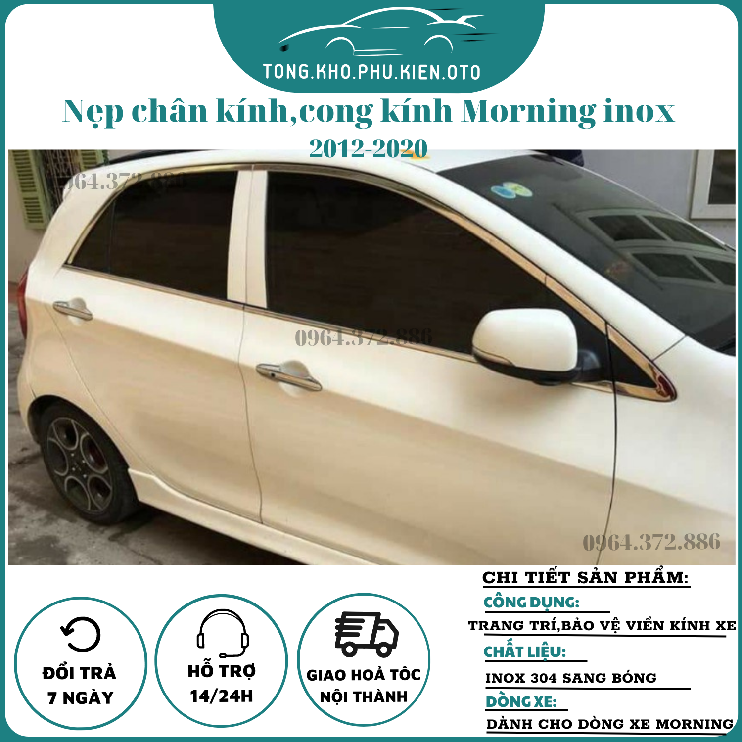 Nẹp viền chân kính, cong kính xe morning 2012- 2019, 2020 hàng inox 304 sáng bóng