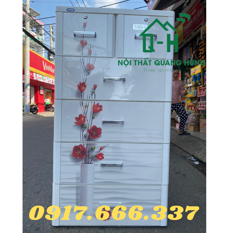Tủ nhựa duy tân 5 tầng 6 ngăn kéo màu trắng hoa hồng tabi l