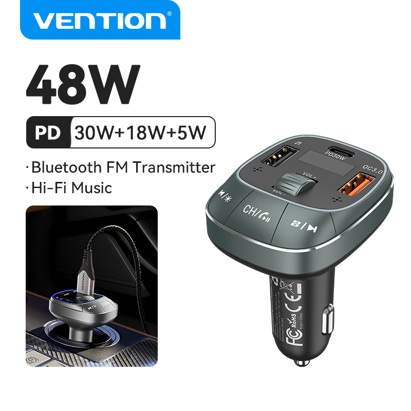 Vention Bluetooth 5.0 Car Charger 48W Fast Charging 3 Port QC 3.0 USB with LED Digital Display for SAMSUNG iPhone Huawei Xiaomi Cellphone MacBook PD 30W 12V to 24V Car Adapter Car Charger Socket Outlet