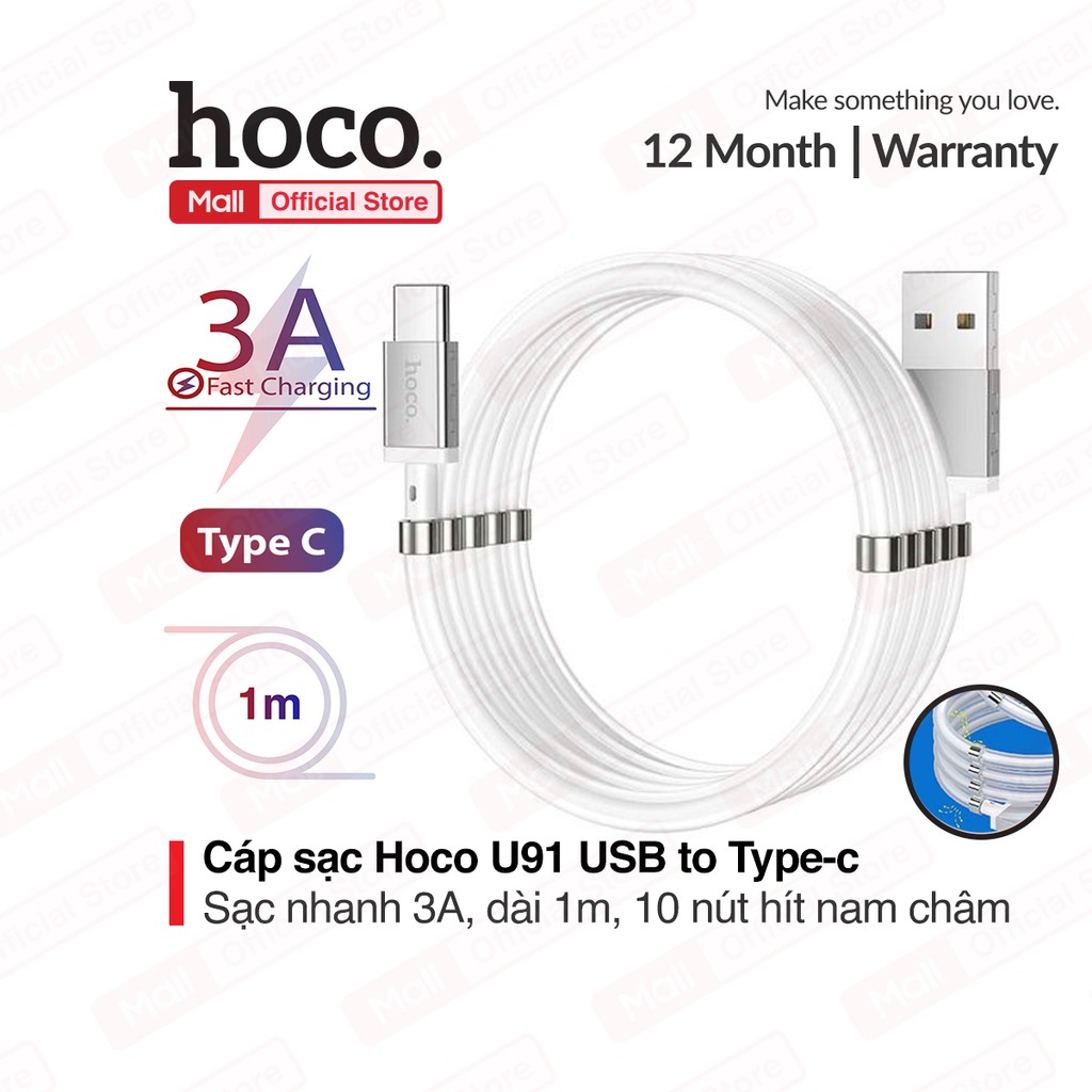 Cáp sạc hoco u91 usb to type-c sạc nhanh 3a max 10 nút hít nam châm gấp gọn dài 1m