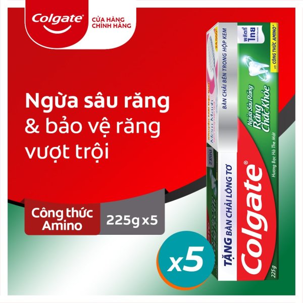 Bộ 5 kem đánh răng Colgate ngừa sâu răng răng chắc khỏe 225g/tuýp tặng bàn chải đánh răng lông tơ nhập khẩu Thái Lan cao cấp