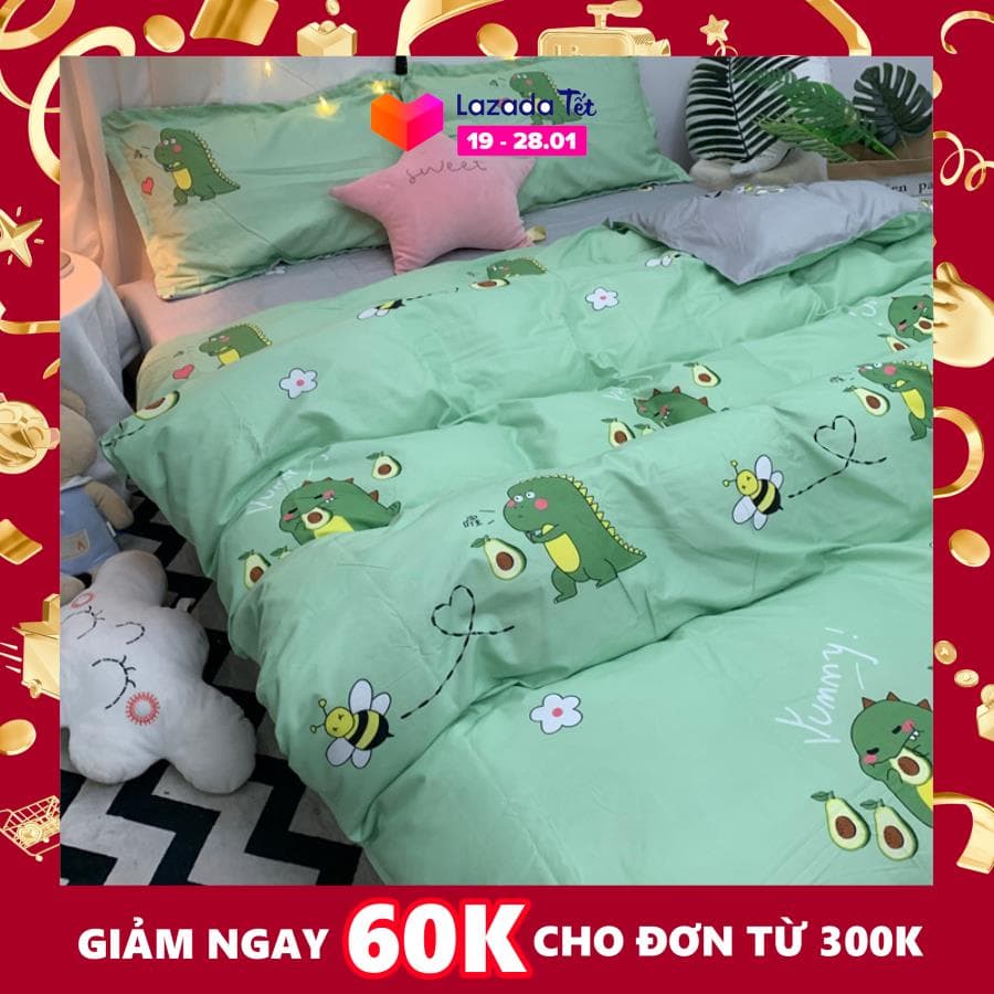 Trọn Bộ 5 Món Ga Gối Chăn Phao KHUNG LONG BƠ đáng yêu,ngọt ngào