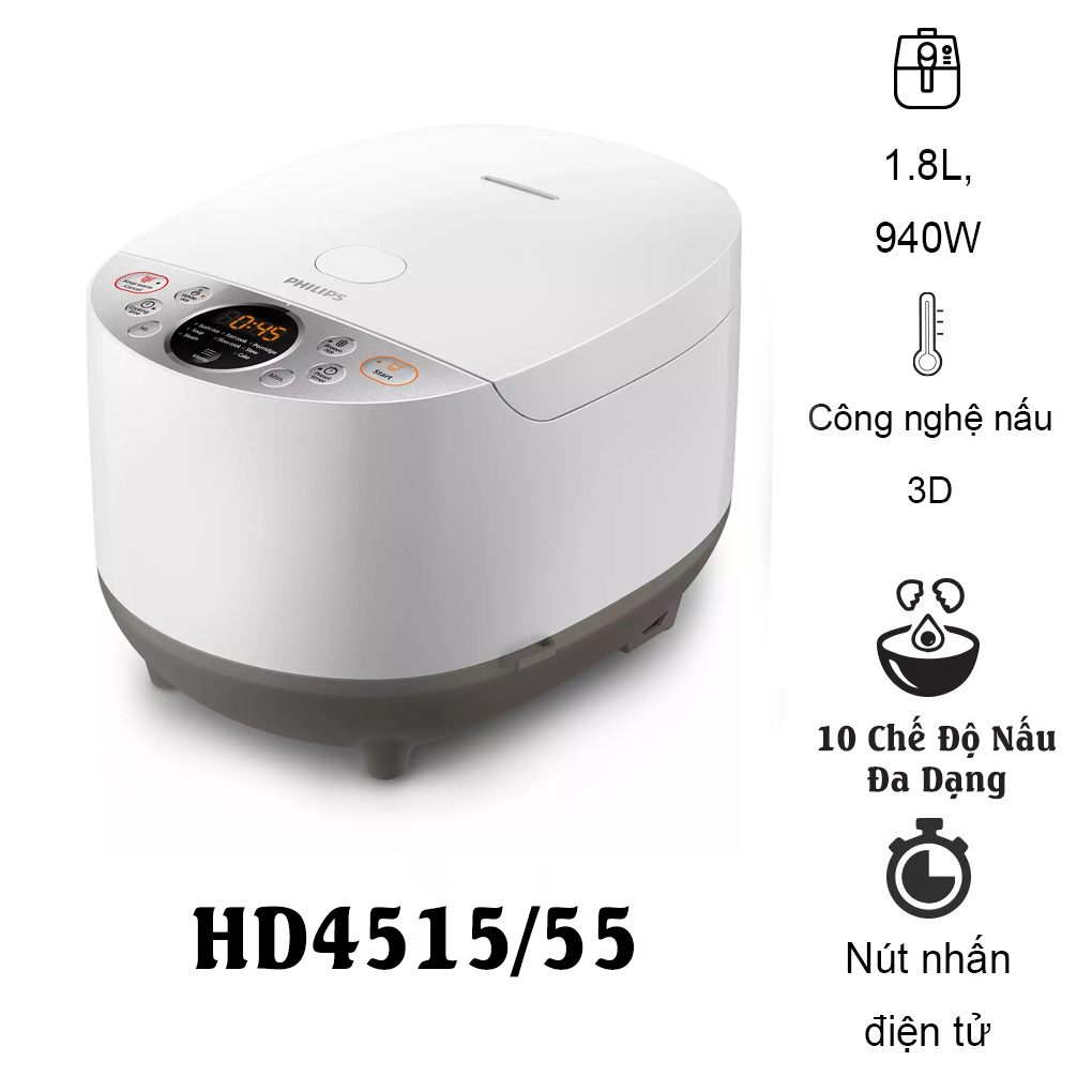 Nồi Cơm Điện Tử Philips HD4515 Lòng Nồi 5 Lớp Dày - Công Suất 1070W - Dung Tích 1.8L - Bảo Hành Chính Hãng 2 Năm