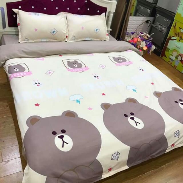 Bộ ga và 2 vỏ gối cotton poly mẫu gấu nâu