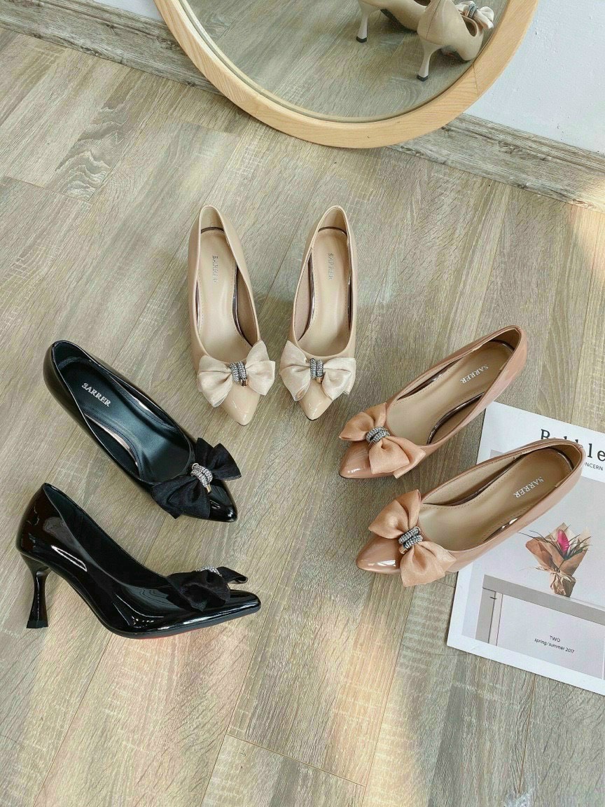 [SenXanh] Giày cao gót da bóng nơ ren đính đá - 7P