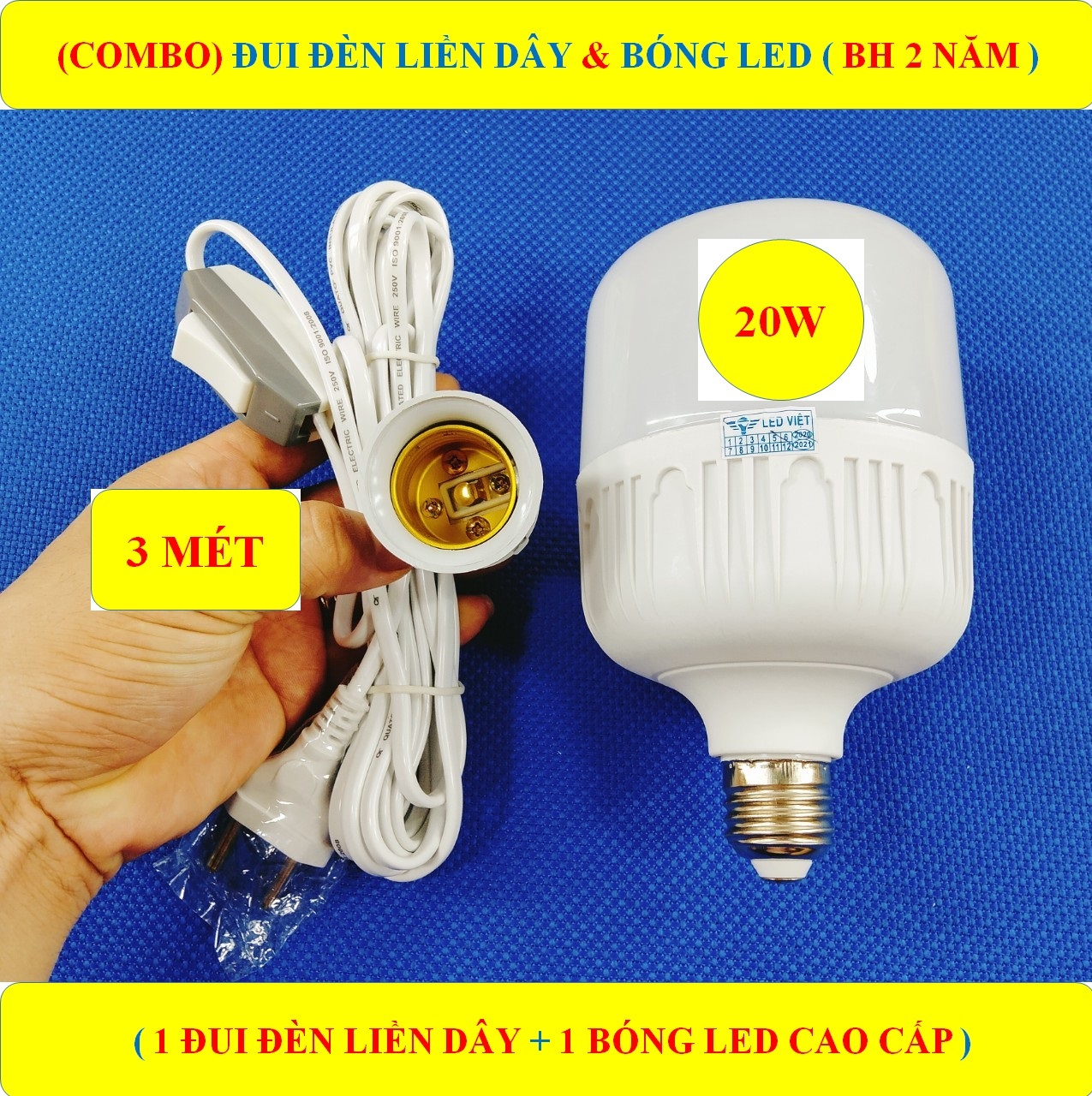 Combo 1 đui đèn liền dây 3 mét có công tắc + 1 bóng led 50/40/30/20/15/10/5w đui e27 chống cháy loại 1 cao cấp