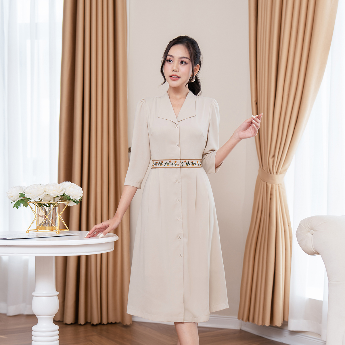 Đầm nữ xòe đai thêu LAMER L63L23Q030
