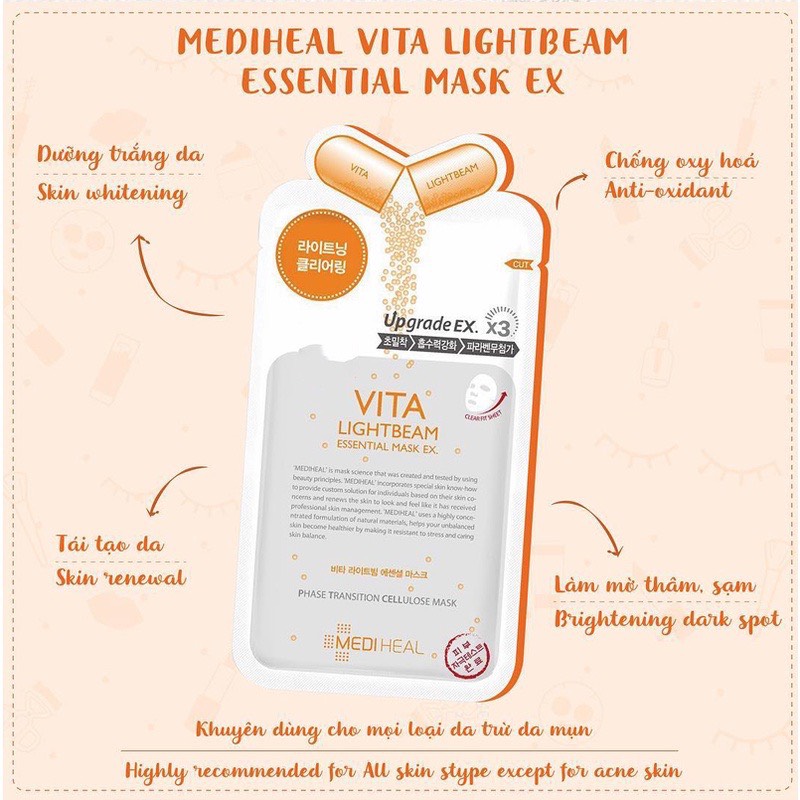 Mặt Nạ Giấy Mediheal trắng da, mờ thâm sạm VitaLightbeam 25ml