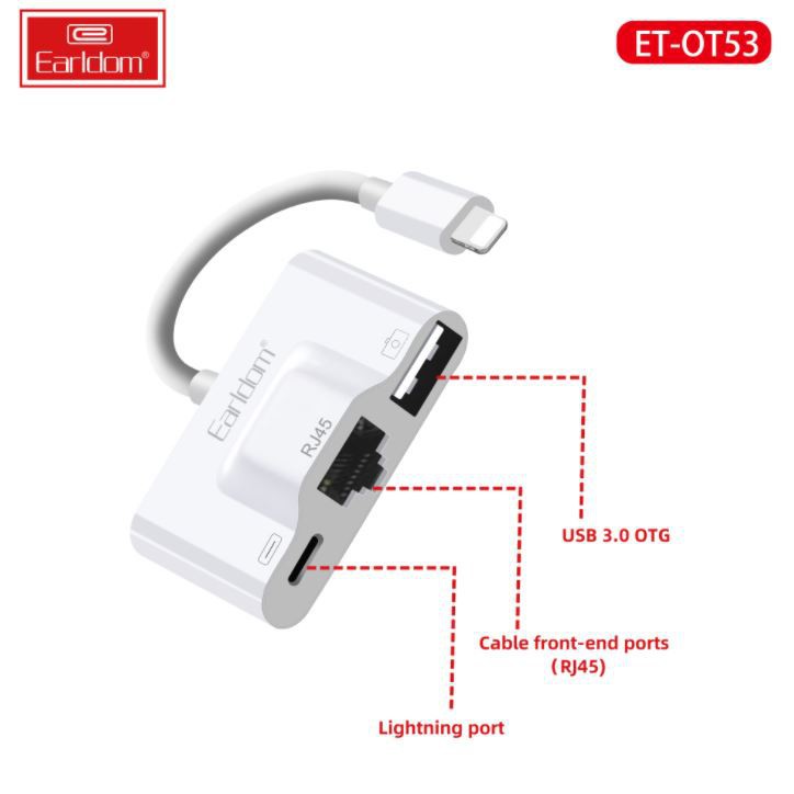 JACK CHUYỂN LIGHTNING 3IN1 EARLDOM OT53 (1 CỔNG SẠC + 1 CỔNG RJ45 + USB 3.0)