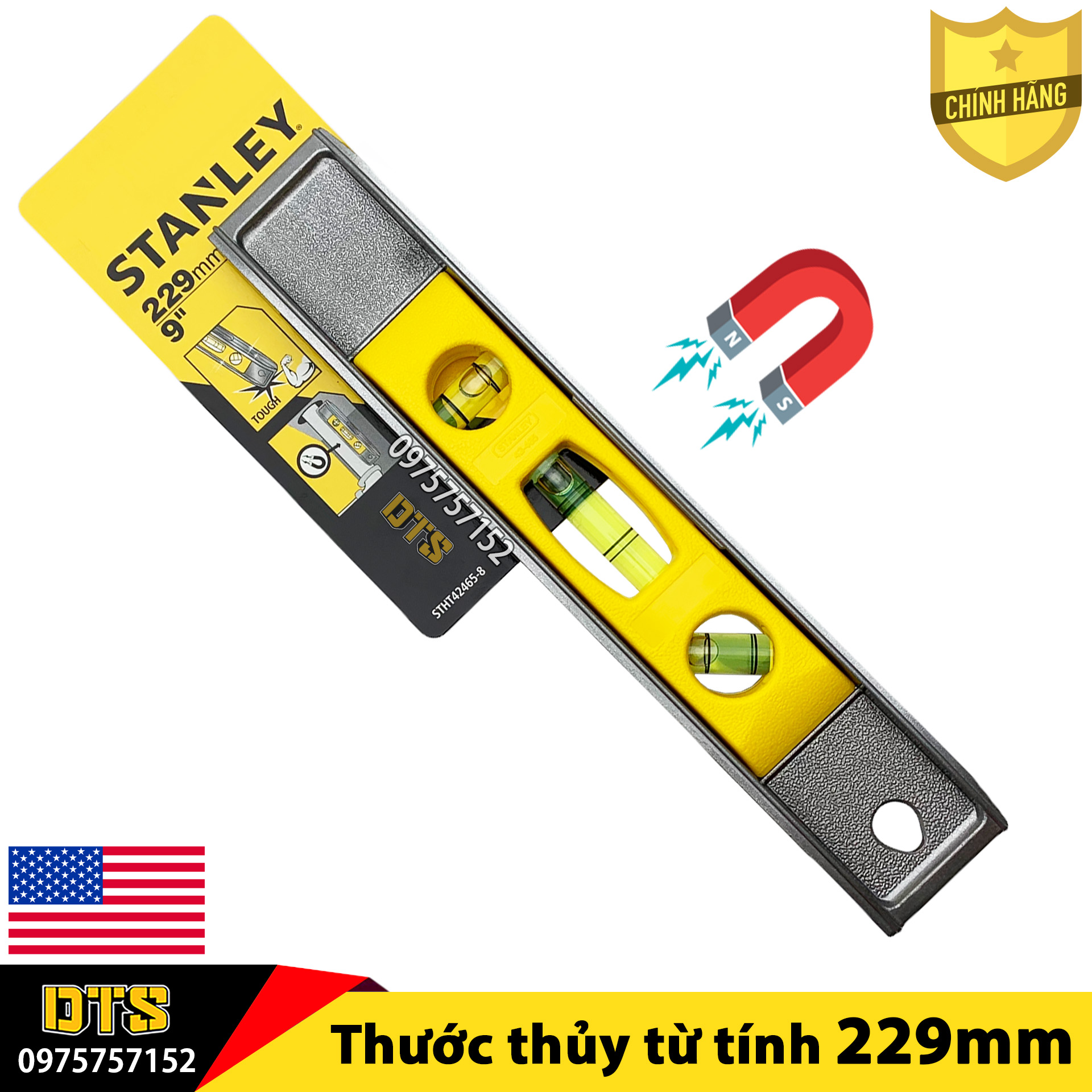 Thước thủy nivo công nghiệp 9 inch Stanley Mỹ dài 229mm, khung thép đúc nguyên khối, ống nước nivo cao cấp đo góc nghiêng, điều chỉnh độ cân bằng mặt phẳng, thước livo, thước thủy, thước đo cân bằng, thước cân thủy