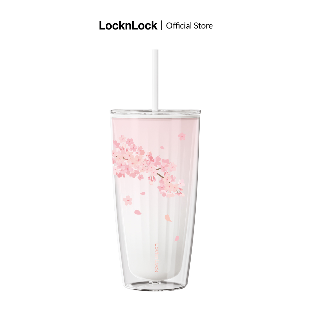 HAP522 - Ly nhựa 2 lớp Lock&Lock Cherry Blossom Wall Cold Cup dung tích 750ml - 2 màu kèm ống hút, hạn chế đổ mồ hôi