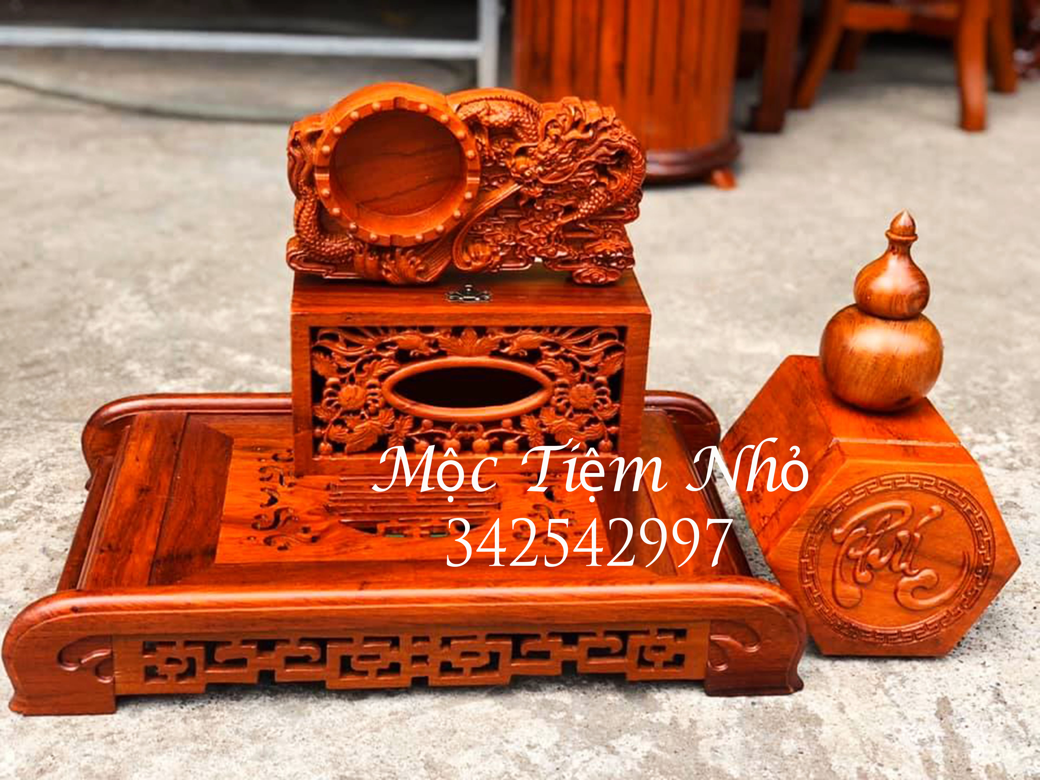 Combo 5 món Khay trà,Gạt tàn rồng,Hộp chè chữ phúc,Ống tăm bầu,Hộp giấy ăn long phụng gỗ hương giá rẻ
