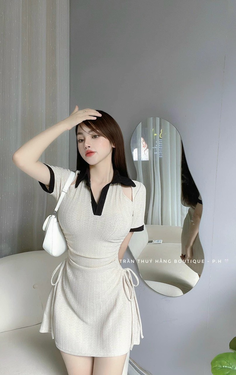 Đầm thun gân body váy polo tay ngắn rút dây eo tôn dáng mặc đi chơi 3 màu cơ bản trắng đen nâu sành điệu