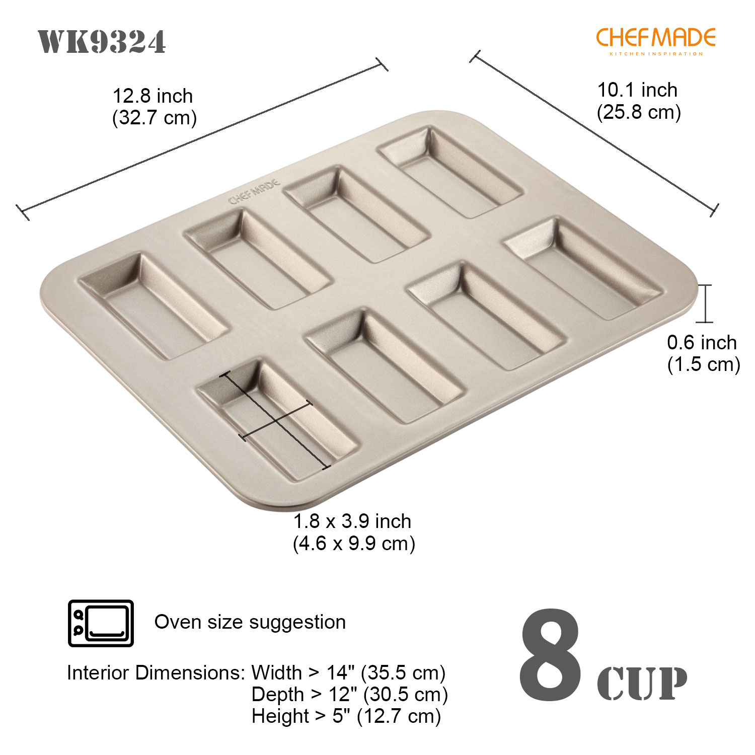 CHEFMADE 8 Cup Financier Mold Non-stick Rectangular Financier Cake Mould Gold Ferdinand Snow Cake Mold Cookies Mold WK9324