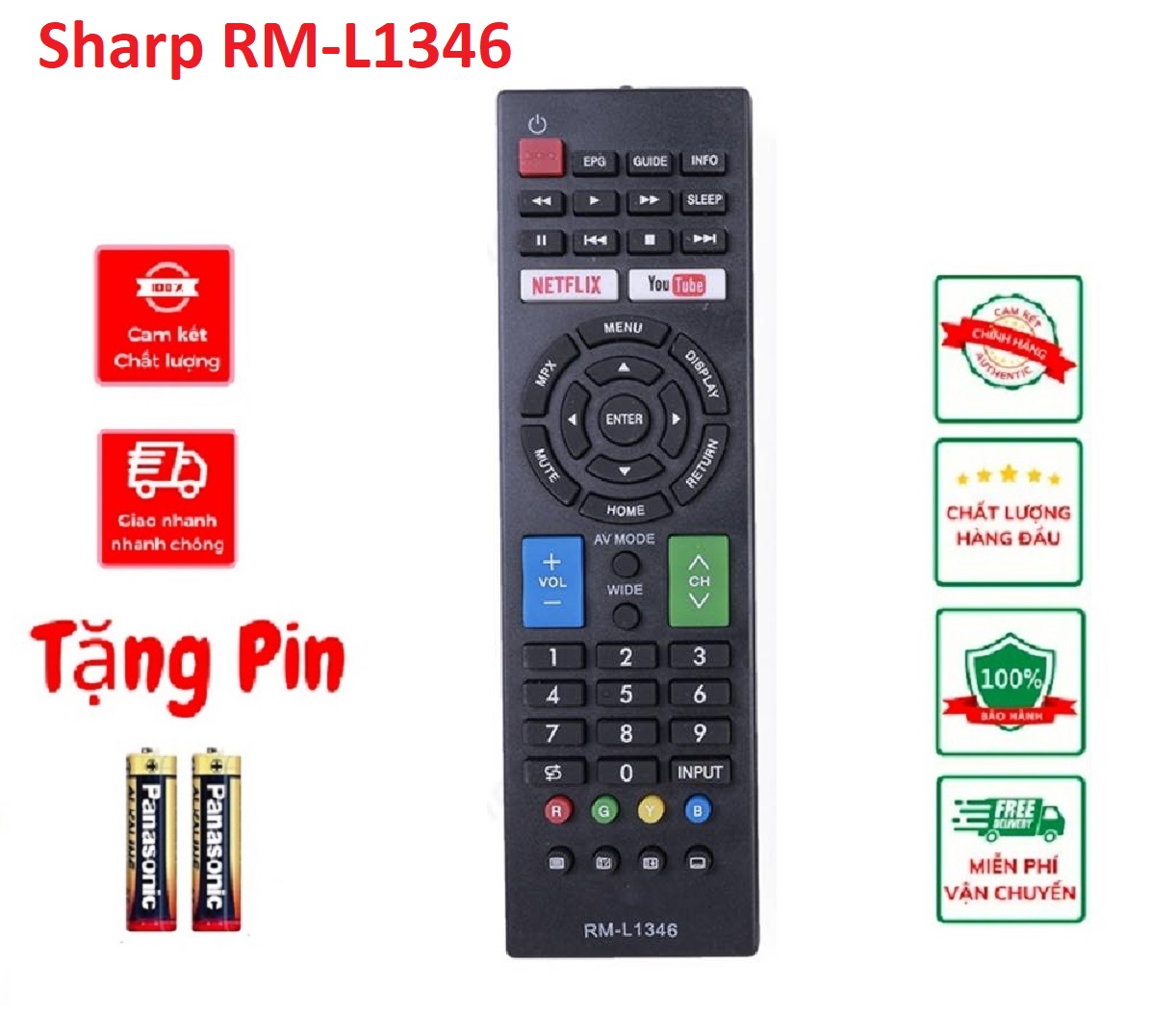 Điều khiển tivi Sharp RM-L1346 đa năng dùng cho các dòng tivi Sharp internet hiện nay - tặng kèm pin chính hãng
