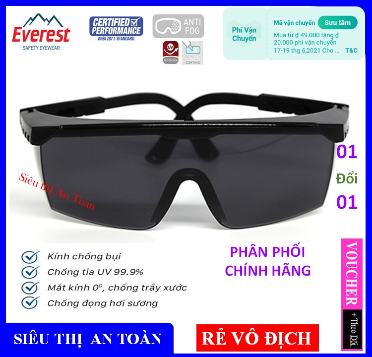 [ RẺ VÔ ĐỊCH ] Kính bảo hộ Everest vuông trong EV105 chống đọng sương, chống bụi, tia UV hóa chất bắn vào mắt