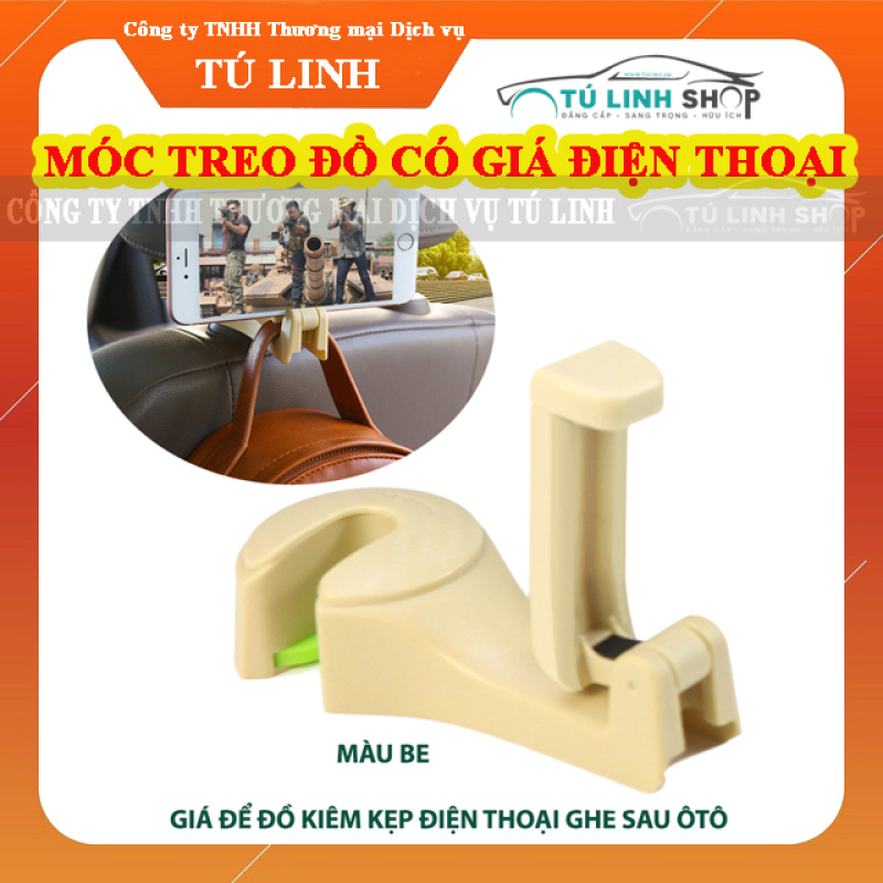 01 cái Móc treo đồ sau ghế ô tô kiêm giá để điện thoại ( màu Kem)