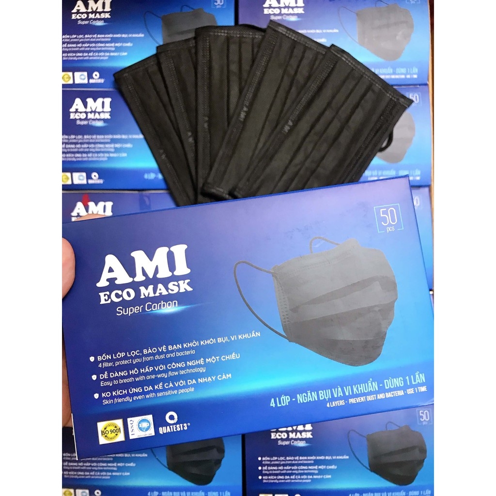 [CHÍNH HÃNG] Khẩu Trang Y Tế AMI 4 MẦU XANH - ĐEN - XÁM - TRẮNG Hộp 50 chiếc ( đóng gói 10 chiếc/ bịch ) - 4 lớp kháng khuẩn . Có Giấy Kiểm Định Chất Lượng Của Bộ Y Tế