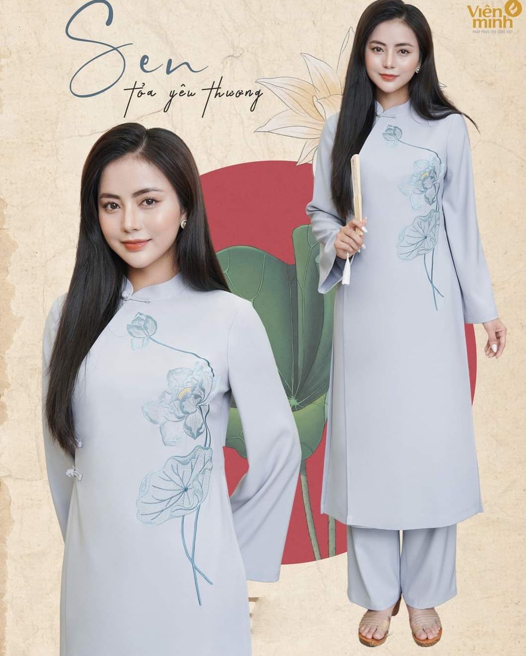 Áo Dài Đi Chùa- Pháp Phục Lễ Chùa Chất Lụa Thêu Hình