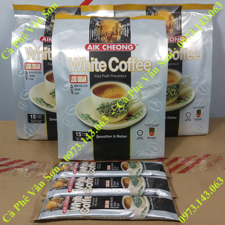 03 bịch Cà phê ít đường Aik Cheong White Coffee (less sugar) 600g (15 gói dài x 40g)