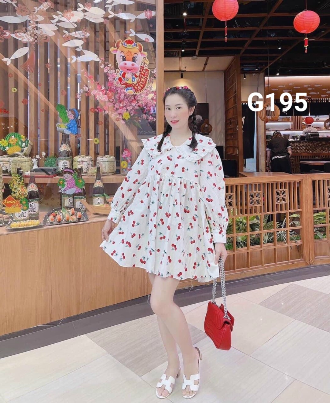 Đầm nữ baby doll cổ bèo tay dài dáng xòe in quả cherry cao cấp g195