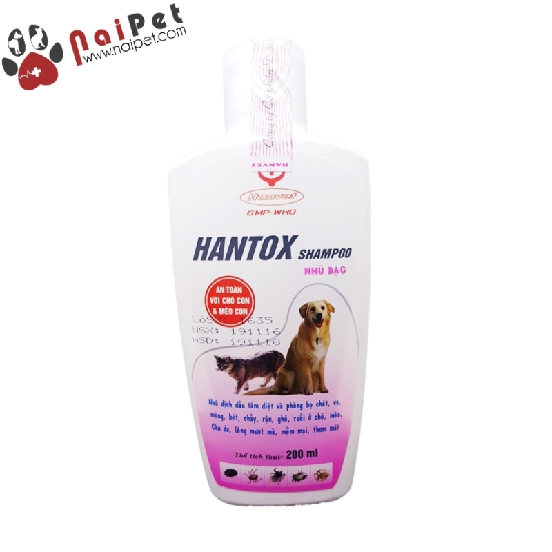 Sữa Tắm Ve Rận Bọ Chét Mòng Chấy Mượt Lông Chó Mèo Hantox Shampoo Hồng Nhũ Bạc 200ml