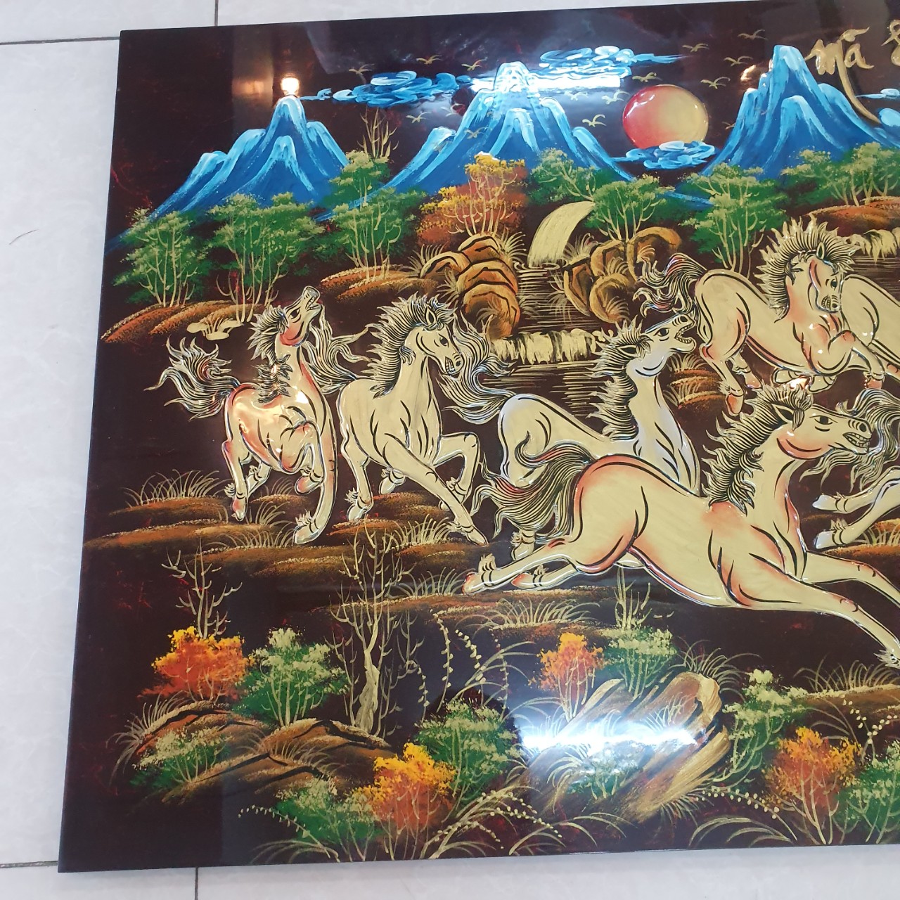 Tranh sơn mài mã đáo thành công đắp nổi hàng xuất khẩu 50x80 cm