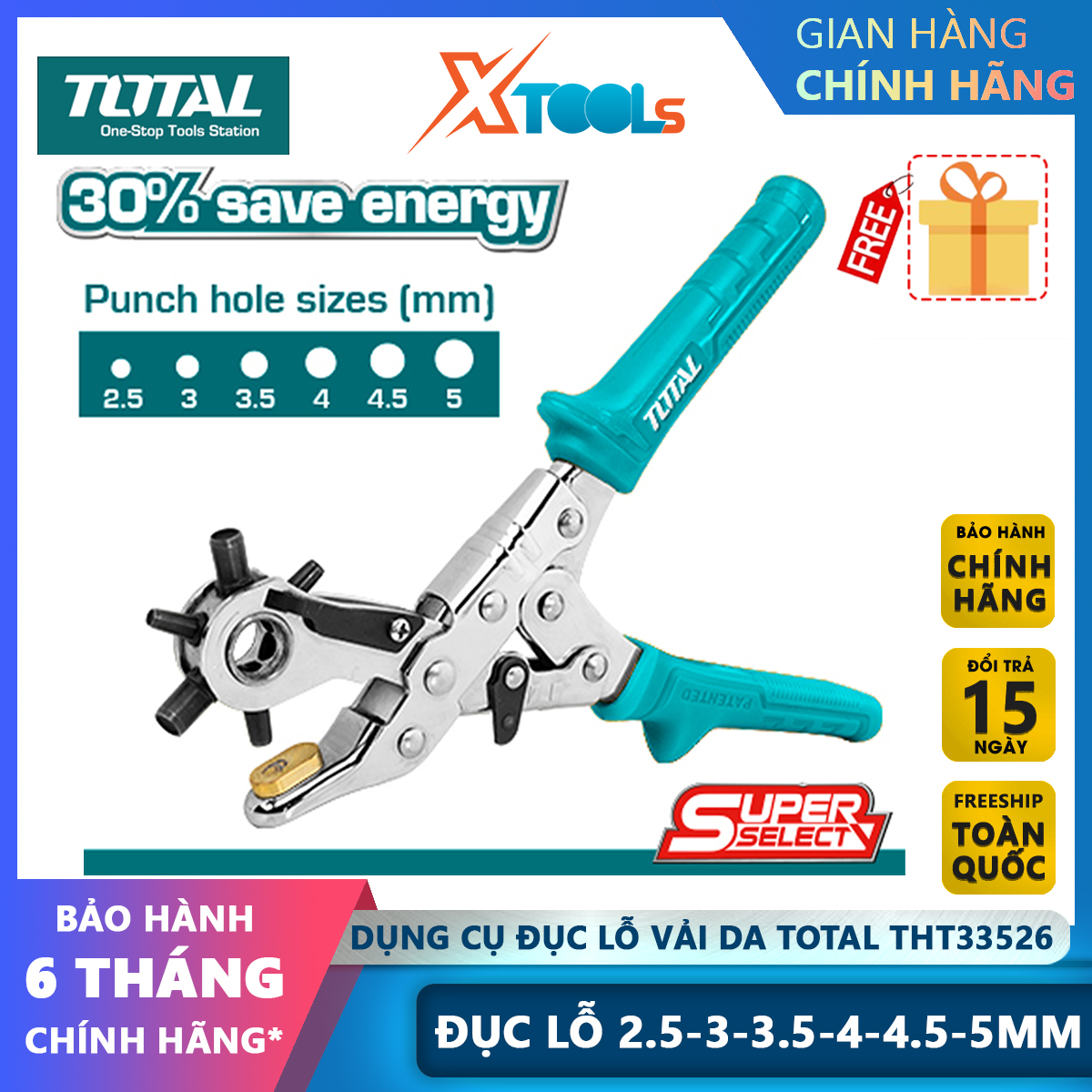 Pliers puncher leather fabric total THT33526, punch tool leather fabric 2.0mm thick, many size đục, saving power and time-genuine-xtools