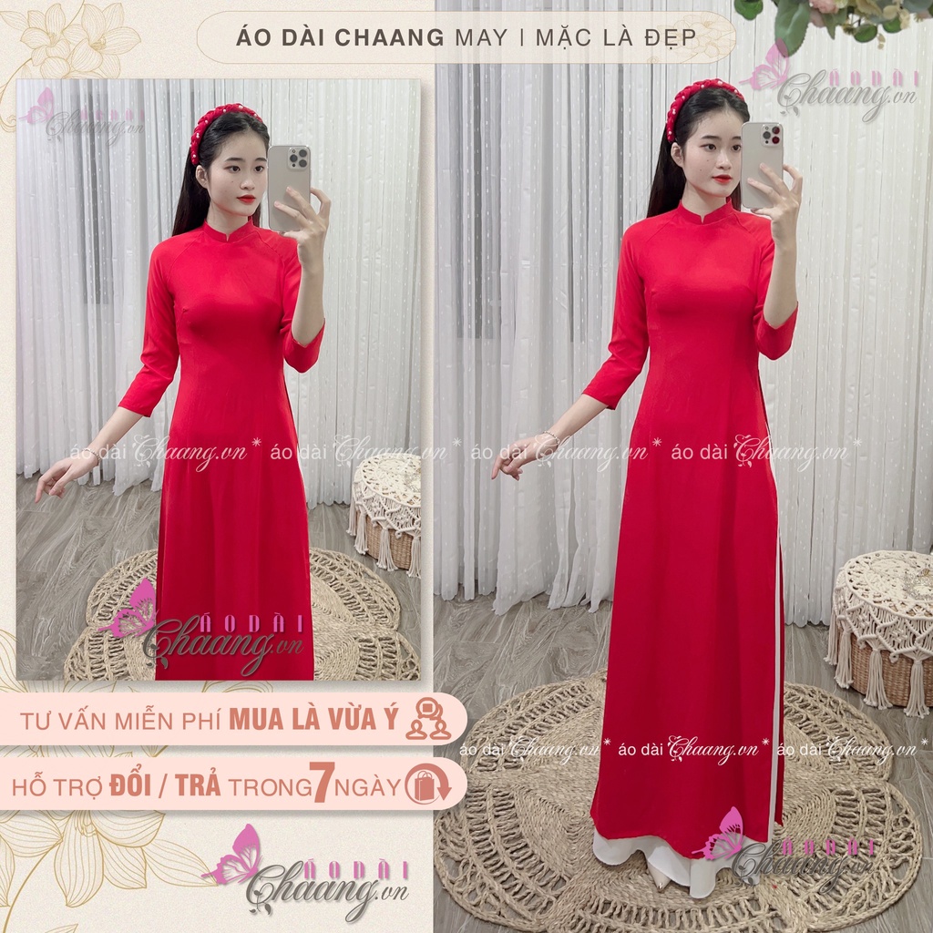 Áo Dài 4 Tà Lụa Đỏ Truyền Thống Chaang May Sẵn ADC592 Cổ Vuông Tay Lỡ Chất Tằm Chụp Hình Lễ Tết Đẹp