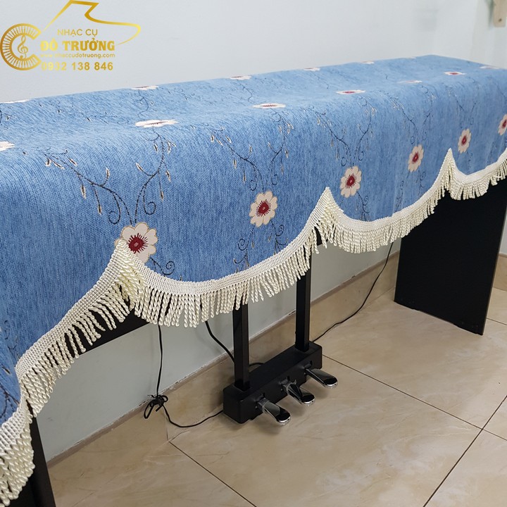 Khăn phủ đàn Piano xanh dương phối hoa