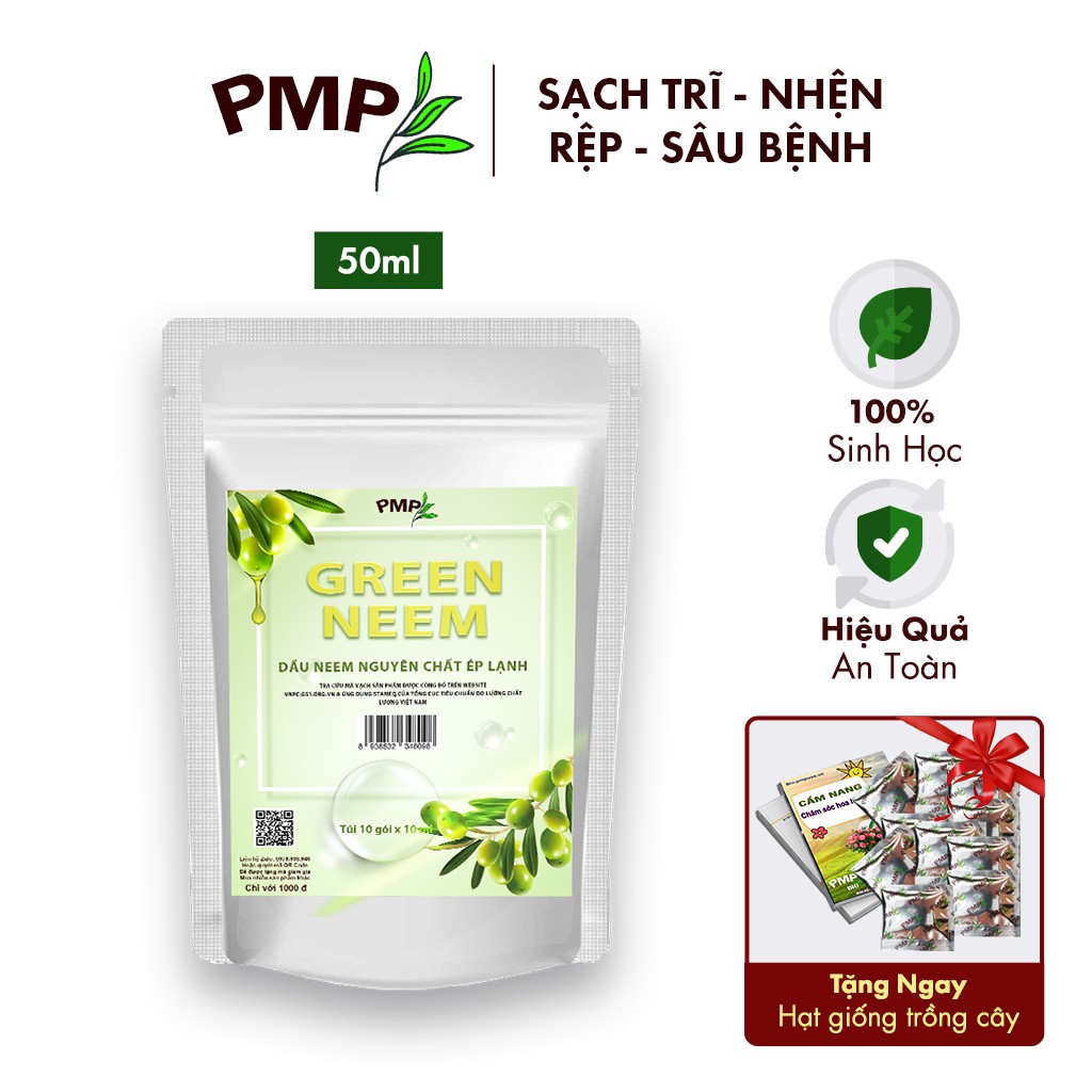 Dầu Neem Oil Hữu Cơ PMP Nguyên Chất Loại Bỏ Trĩ, Rệp, Nhện Đỏ, Nấm, Sâu Bệnh Cho Hoa Hồng, Rau Sạch Green Neem 50ml