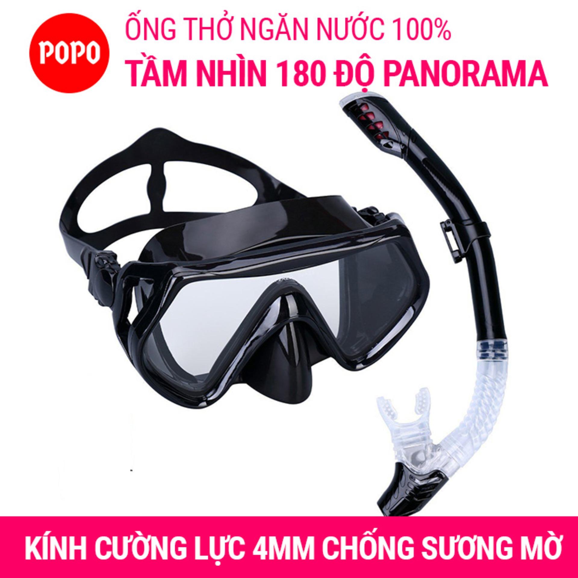 Kính lặn ống thở 1526 mắt KÍNH CƯỜNG LỰC, ống thở ngăn nước cao cấp POPO Collection