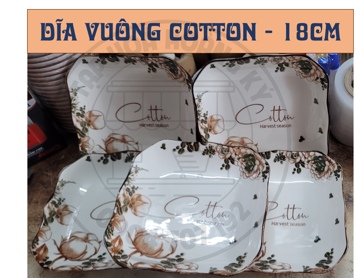 DĨA VUÔNG GỐM SỨ HOA VĂN COTTON 18CM ( CỠ 8)