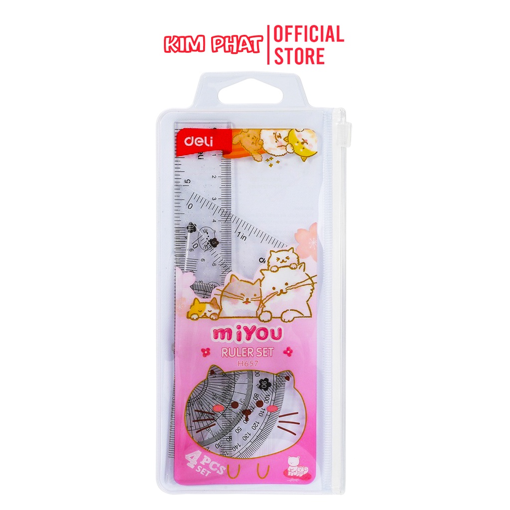 Bộ 4 thước kẻ, eke, đo độ miyou deli túi zip kèm kính lúp