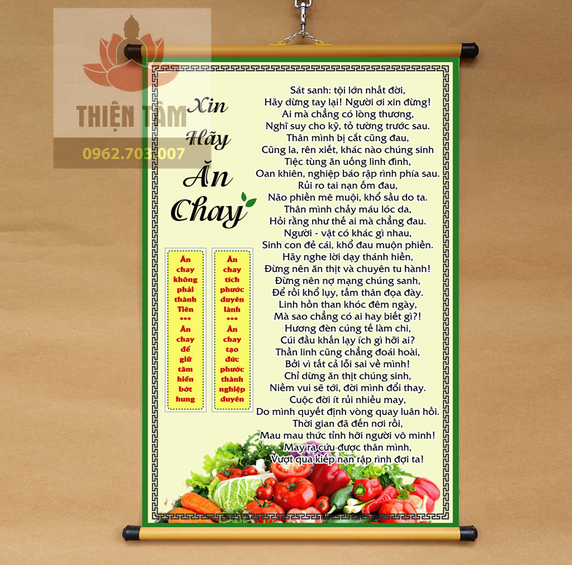 Tranh chữ Xin Hãy Ăn Chay 40x60cm bằng vải phủ bóng cao cấp dày dặn