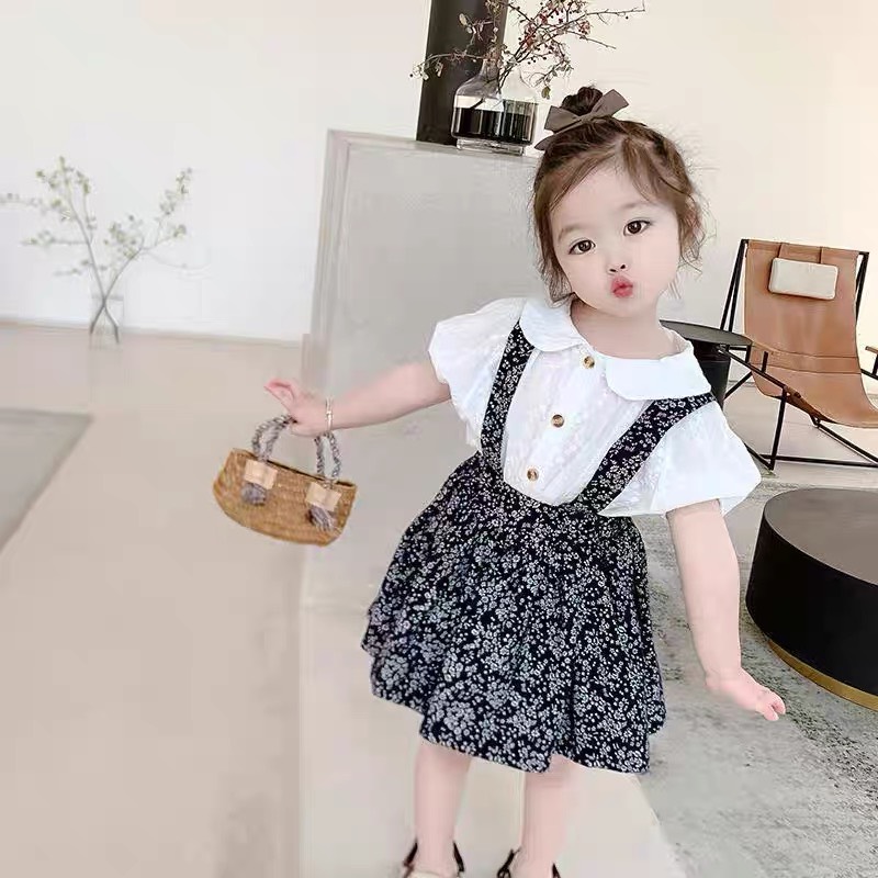 SET váy yếm hoa nhí kèm áo cổ bèo cho bé