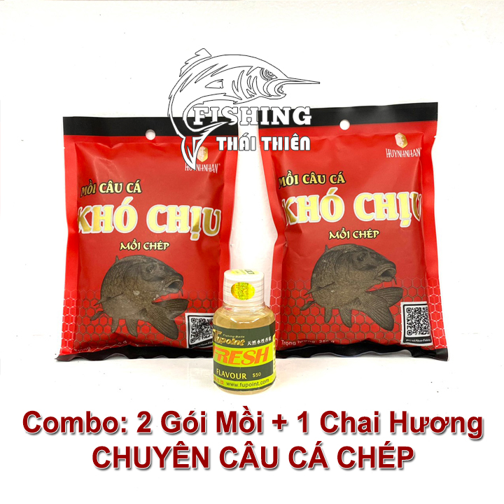 Combo 2 gói mồi câu cá chép khó chịu, 1 chai hương dụ cá chép đài loan dùng câu sông tự nhiên, hồ dịch vụ