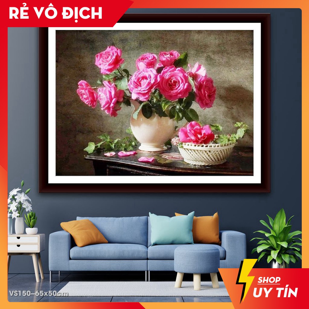 Tranh đính đá bình hoa màu đỏ treo phòng khách-tự đính
