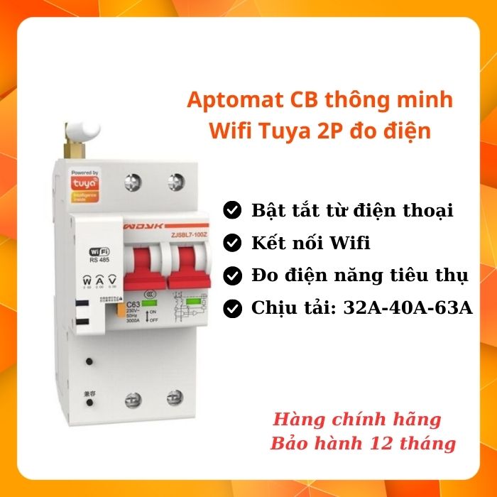 Aptomat CB thông minh Wifi Tuya 2P dòng 63A, 40A, 32A có đo điện tiêu thụ