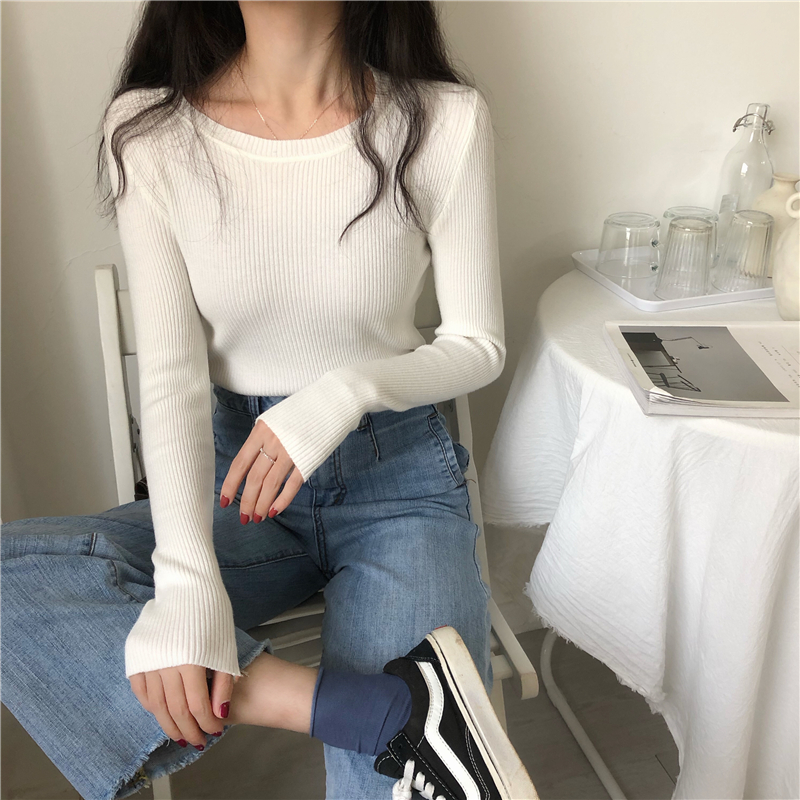 Áo Len Cổ Tròn Dài Tay Dệt Kim Màu Trơn Basic Dáng Ôm
