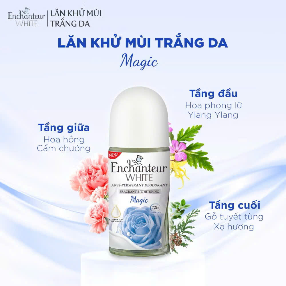 Lăn Khử Mùi Enchanteur Trắng Da 25ml – Ngăn Mùi Suốt 72h, Khô Thoáng, Hương Nước Hoa Pháp Quyến Rũ