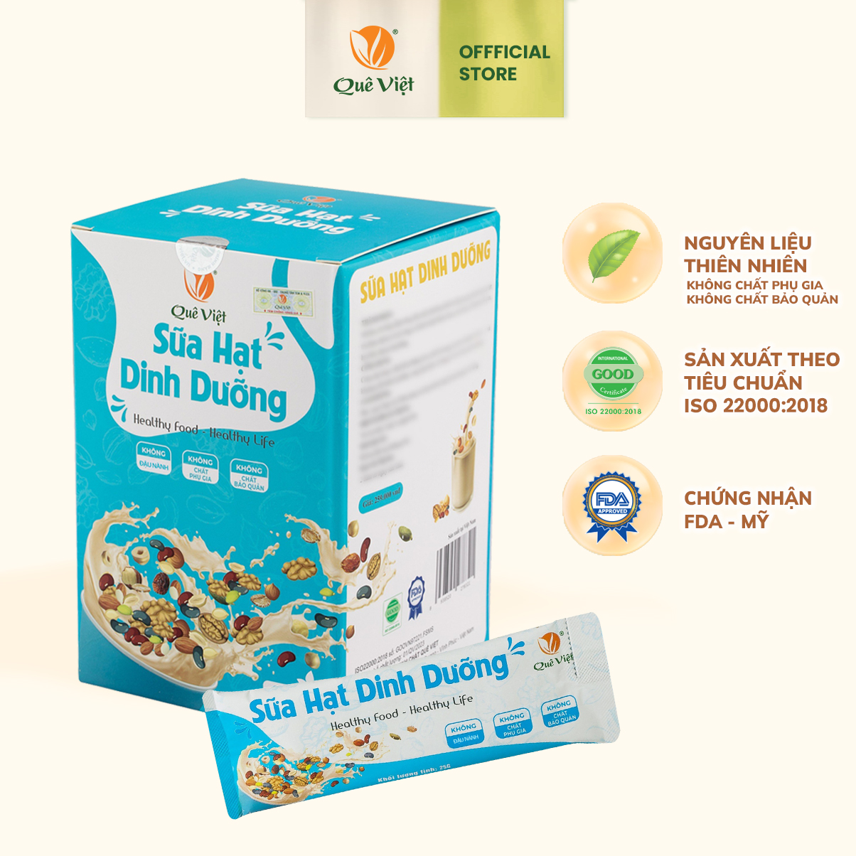 Sữa hạt dinh dưỡng Quê Việt (không đậu nành) - Hộp 500G (20 túi x 25G)