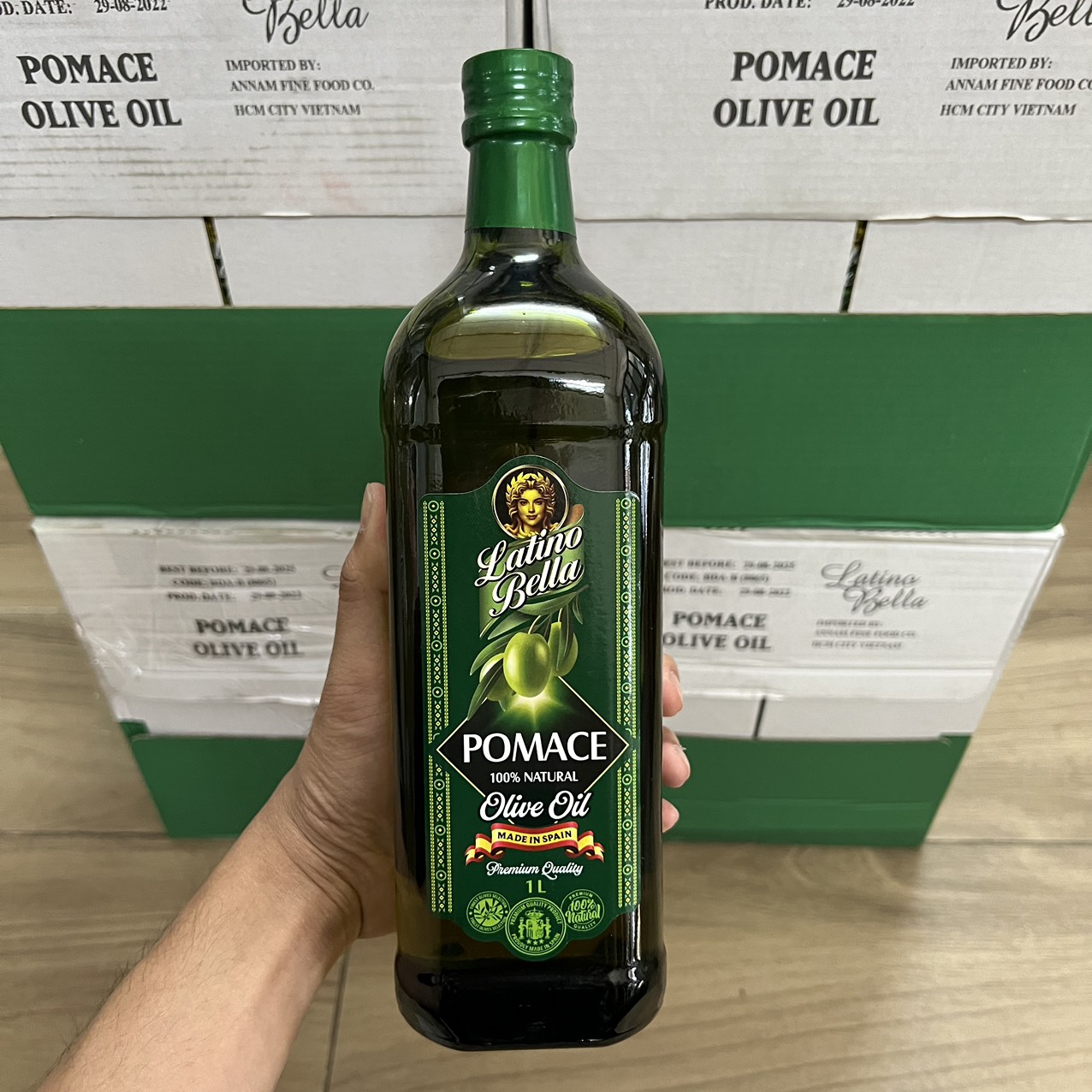 Dầu olive Pomace 1 lít Latino Bella chính hãng, chai thủy tinh